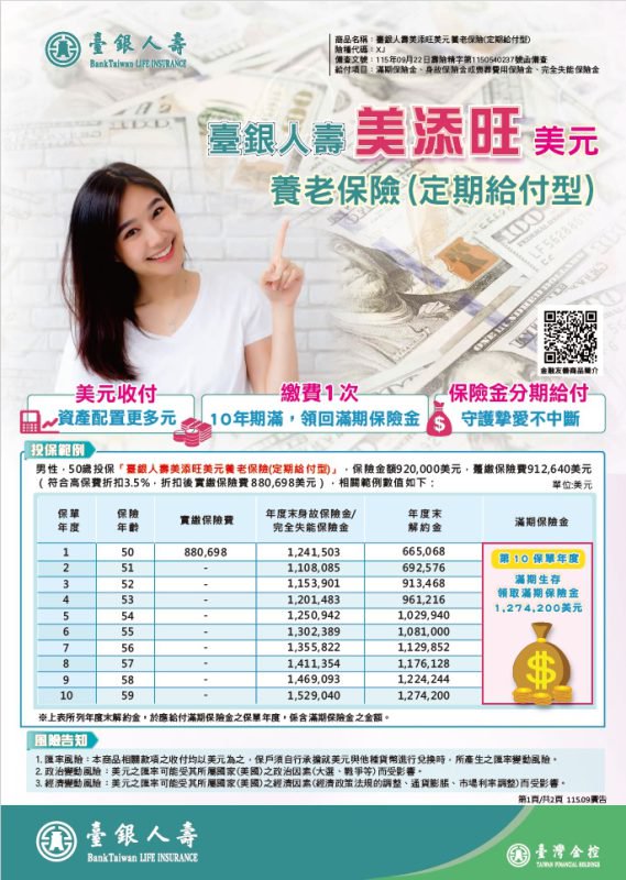 臺銀人壽美添旺美元養老保險(定期給付型)DM